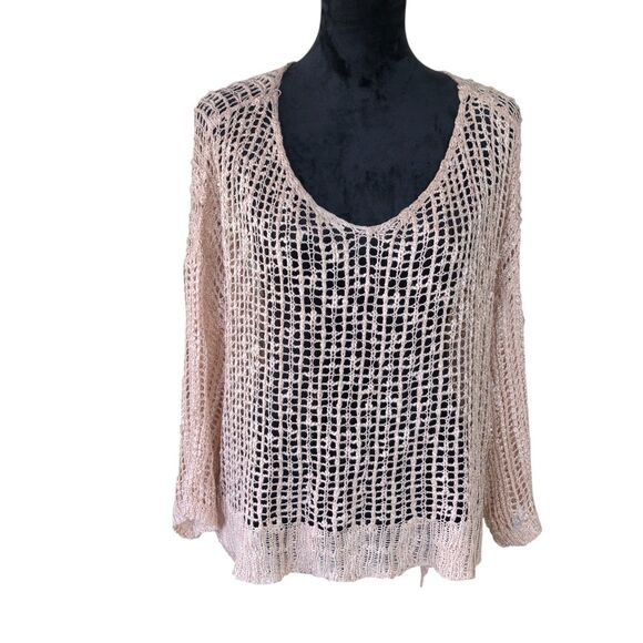 POL Open Knit Crochet Nude Knit Sweater Top Summer Coastal Festival Boho Beach M - Picture 1 of 13